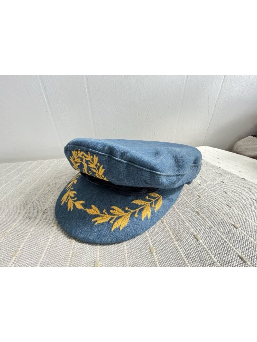 Vintage Greek Fisherman Cap Denim Nautical Captain Hat Embroidered Mens 54 6 3/4
